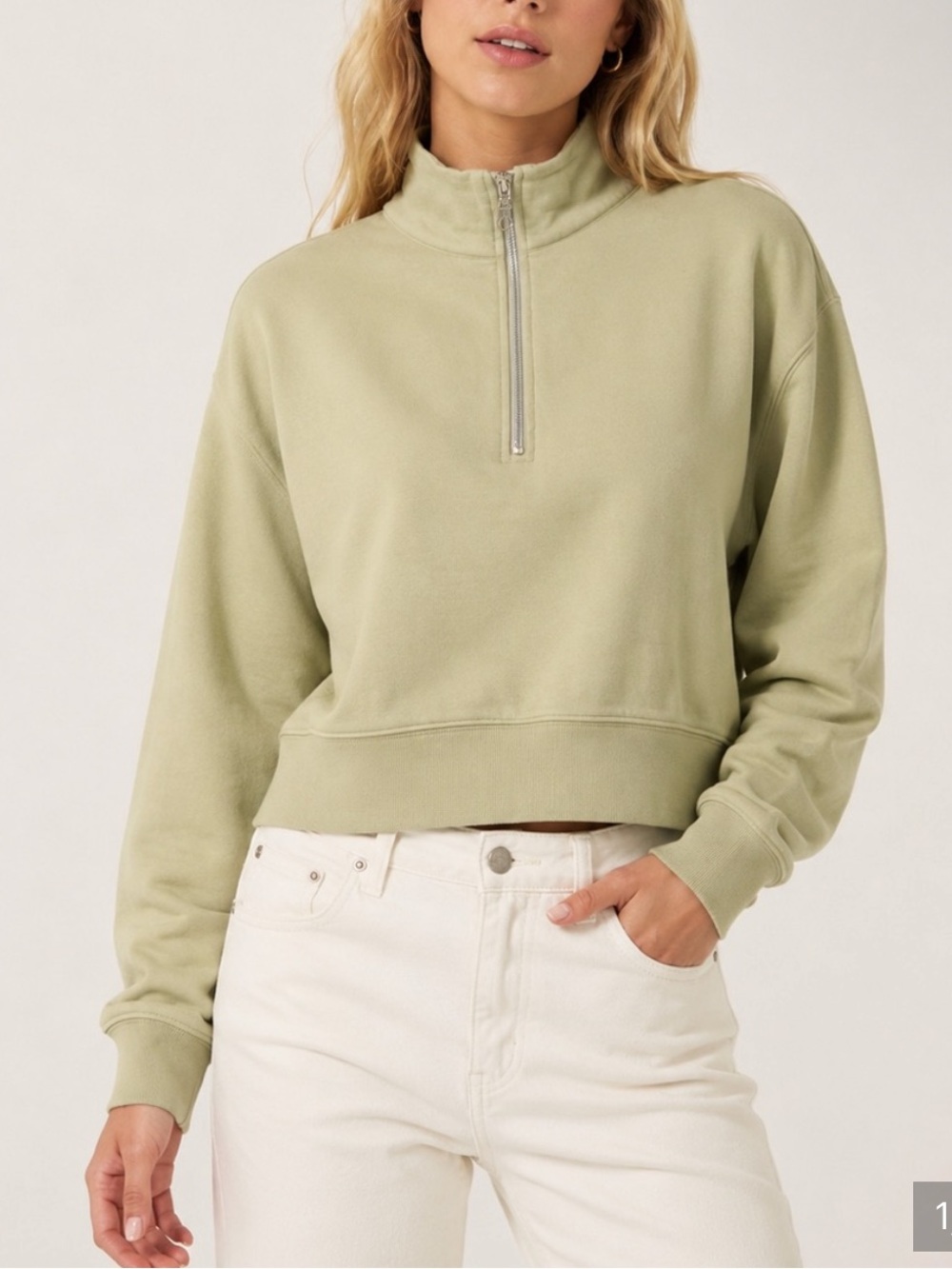 AYR Sage Green Quarter Zip Cropped Cotton Sweatshirt Size Small 25752